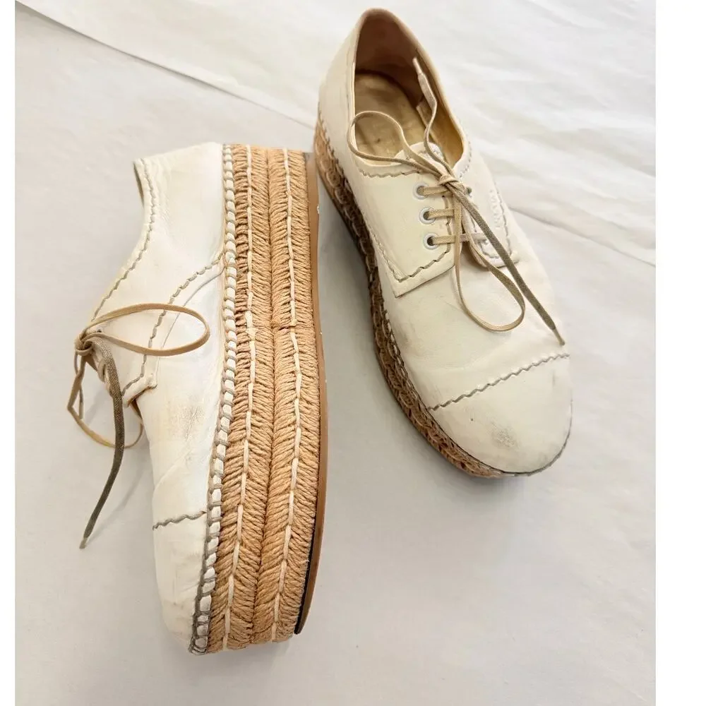Prada 2024 Leather Platform Espadrilles EU 37.5 US‎ 7.5 Off-White